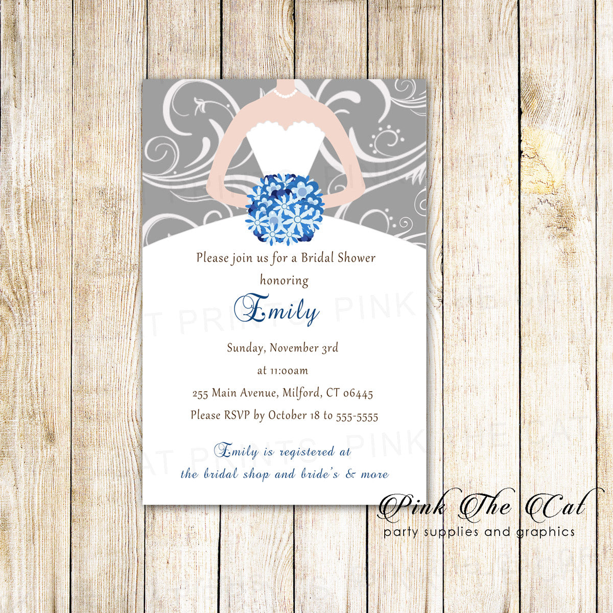 Bridal Shower Invitations Dress Swirl Blue Silver Printable