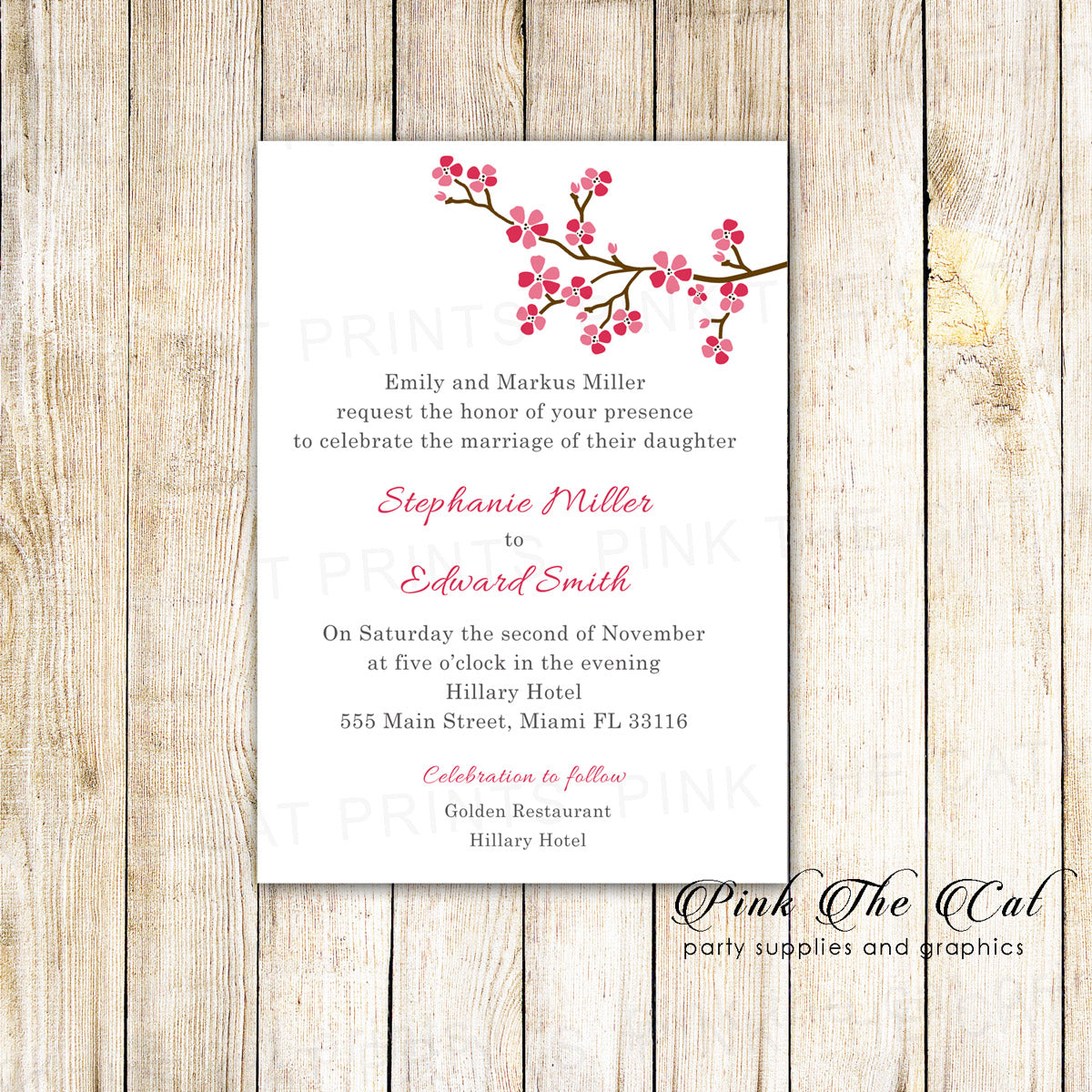 100 Wedding Invitations Red Cherry Blossom Flower Cards