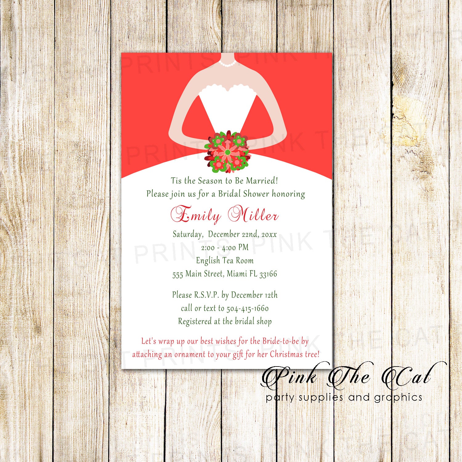 30 Bridal Shower Invitations Christmas Red Green Dress