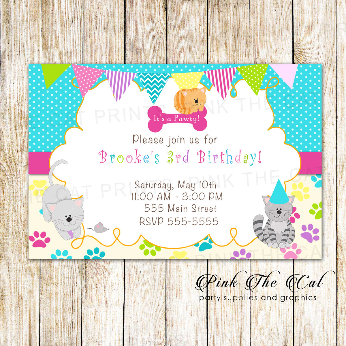 Kitten Invitation Girl Birthday Party Yellow Pink Printable