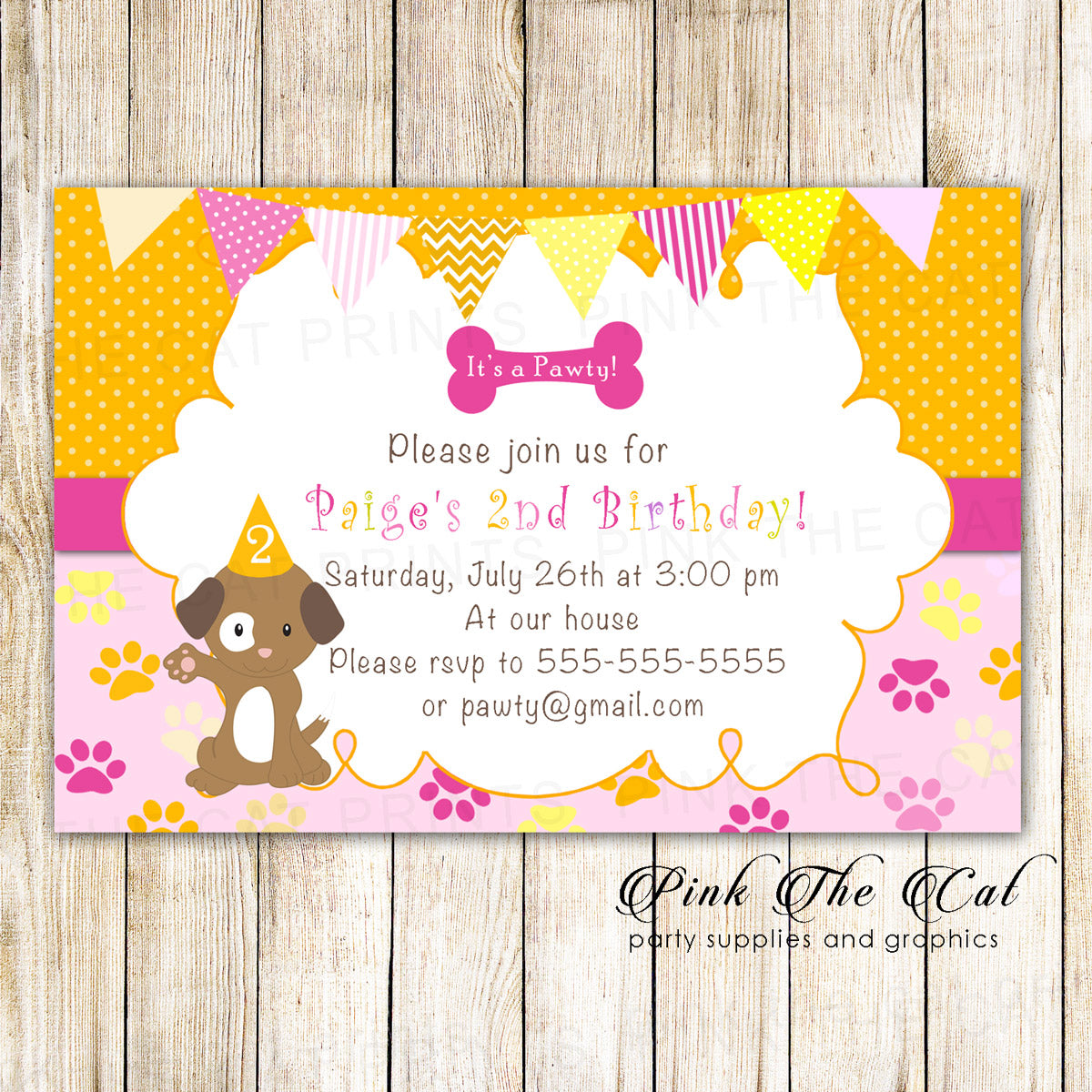 30 Puppy Pawty Girl Birthday Invitation Cards Orange Pink