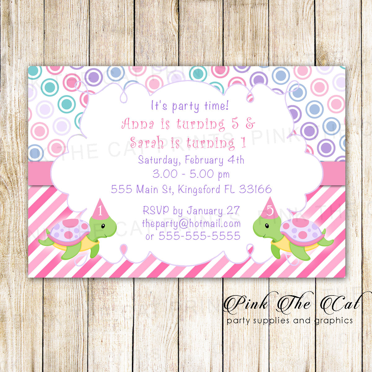 30 Turtle Invitations Girl Twins Siblings Birthday Pink Green