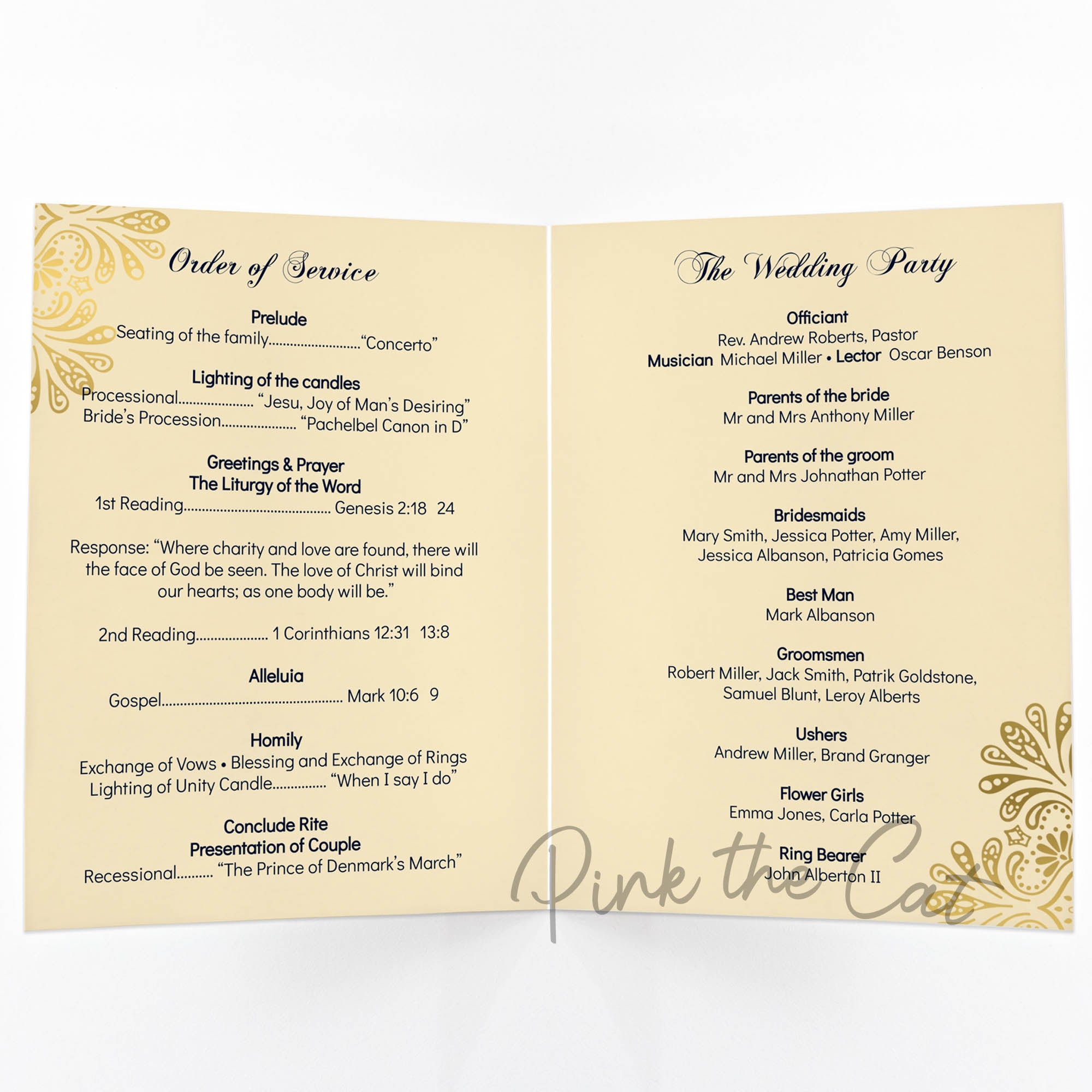 Wedding program navy blue gold floral