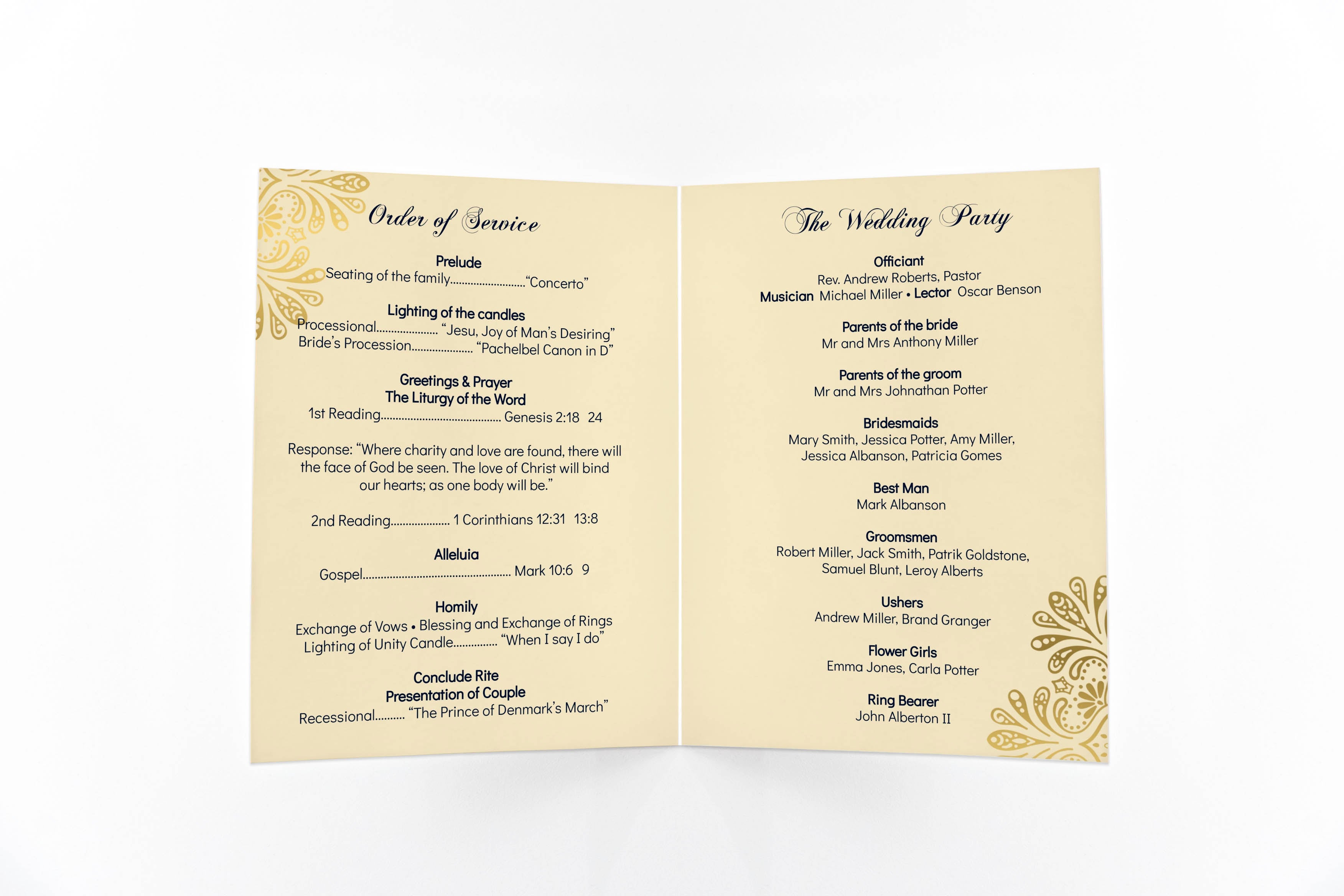 Wedding program navy blue gold floral