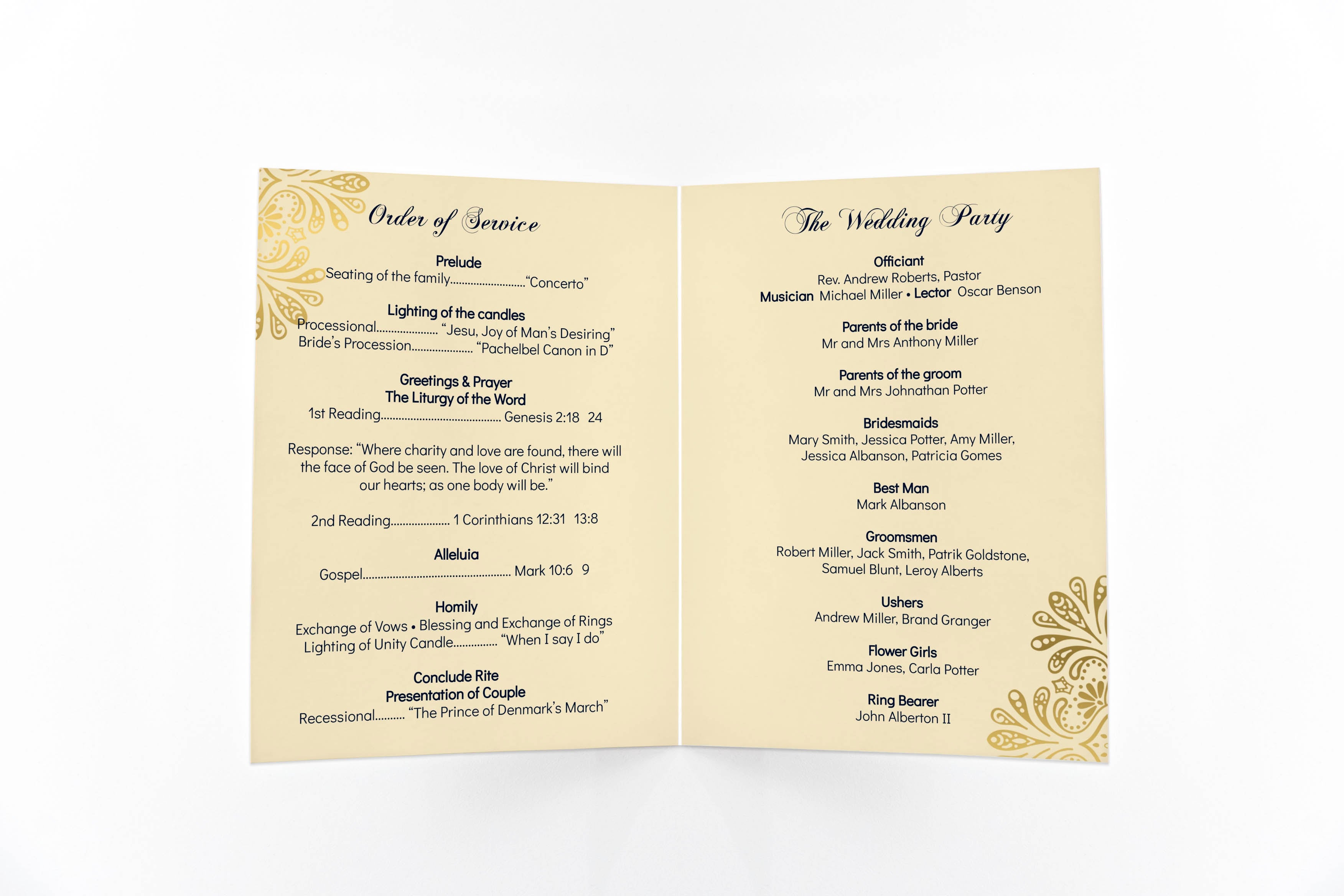 Wedding program navy blue gold floral