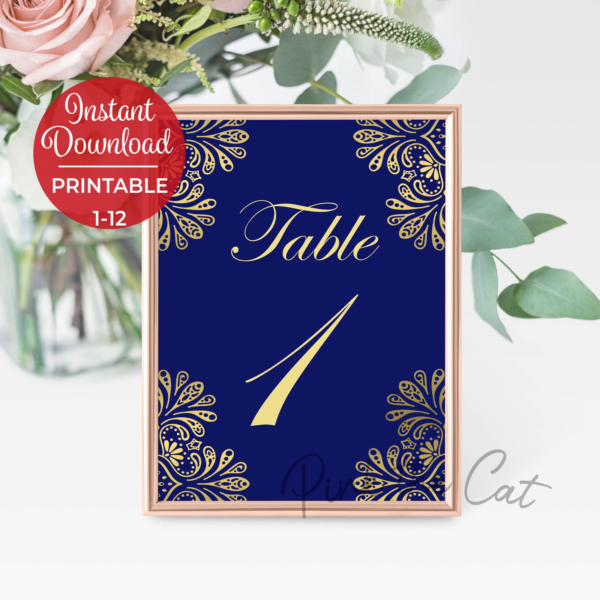 Table numbers gold navy blue floral
