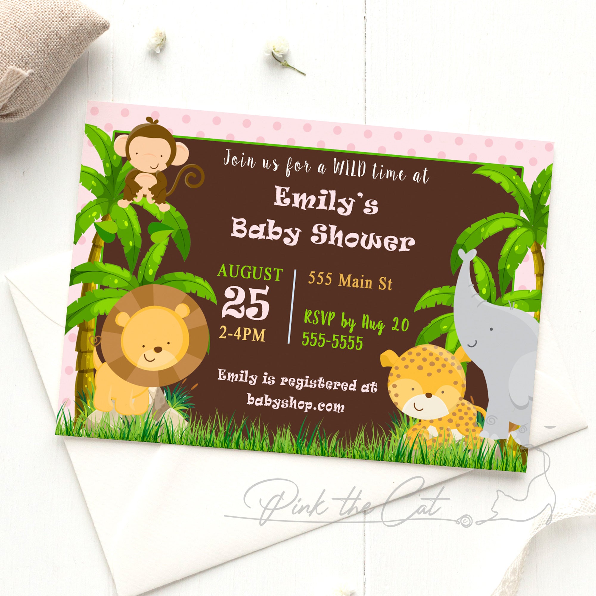 Jungle invitation baby shower pink brown