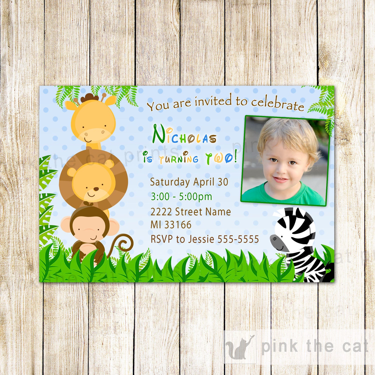 Safari Birthday Invitation Photo Card Boy Blue