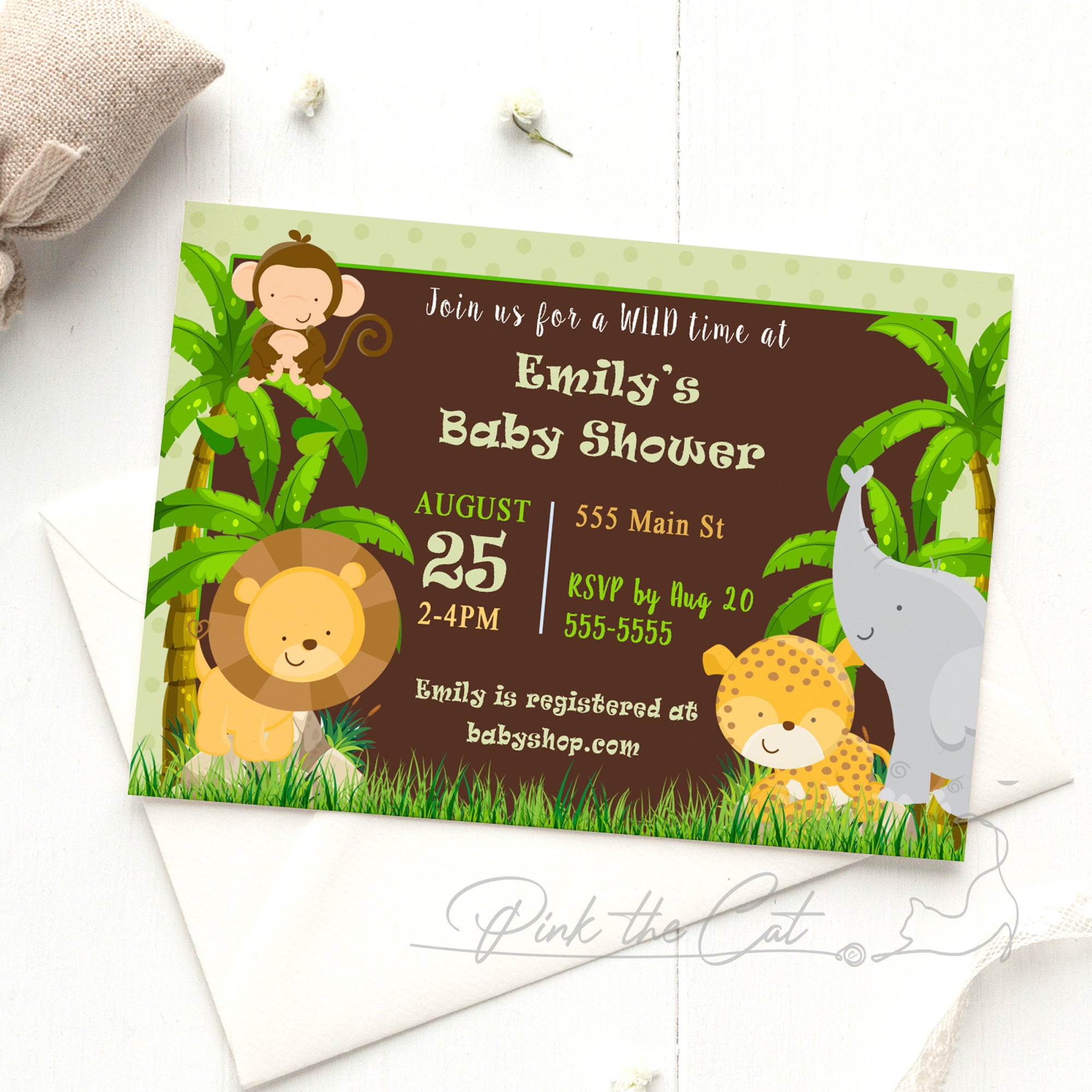 Jungle invitation shower boy gender neutral green brown personalized