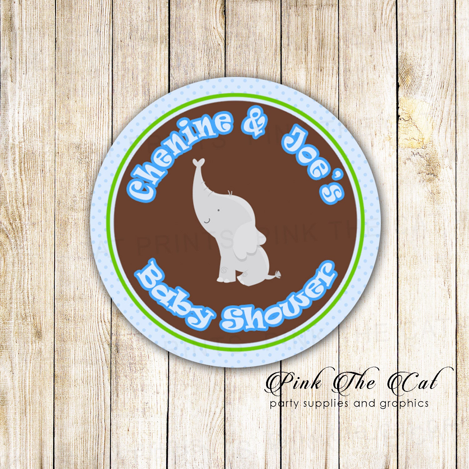 Elephant Favor Label Sticker Tag Baby Boy Shower Birthday Blue Brown