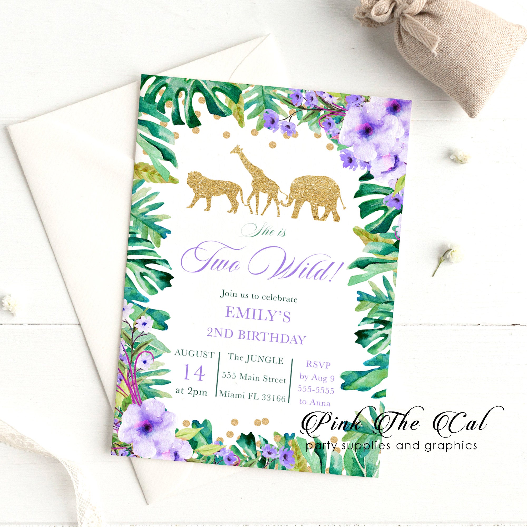 Jungle two wild birthday invitation purple (30 cards)