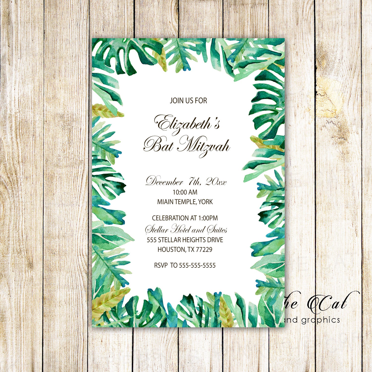 100 Botanical invitations bat mitzvah tropical leaves