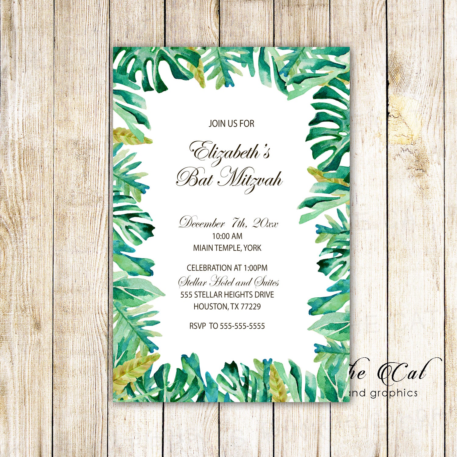 Botanical invitations bat mitzvah tropical leaves printable