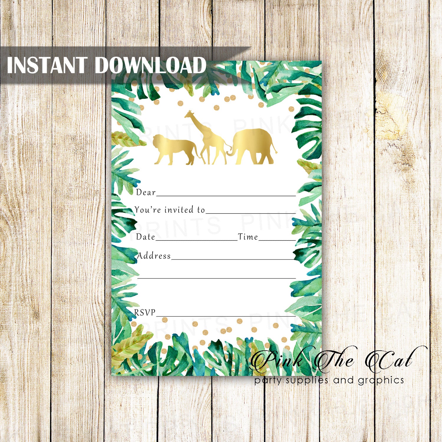 Jungle Invitation Fill In Blank Gold Green Birthday Printable