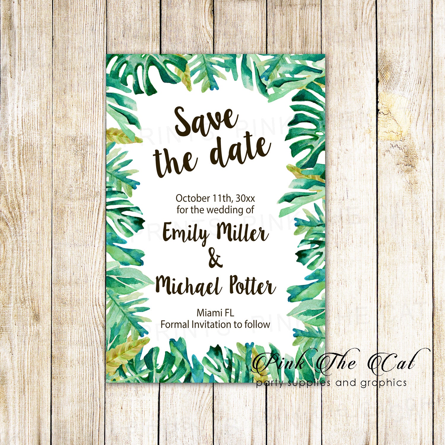 Botanical tropical leaves wedding save the date printable