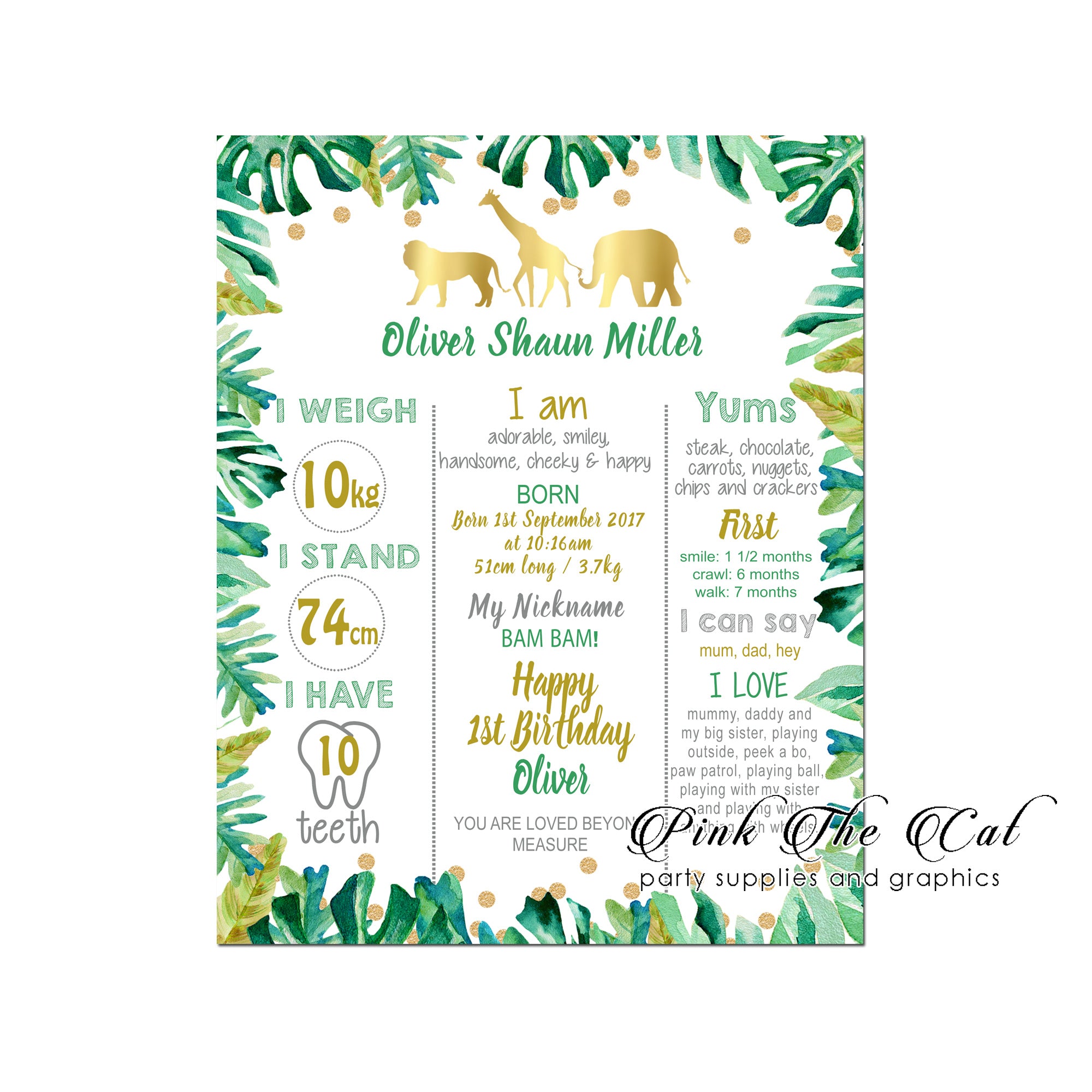 Jungle first birthday memory board green gold printable