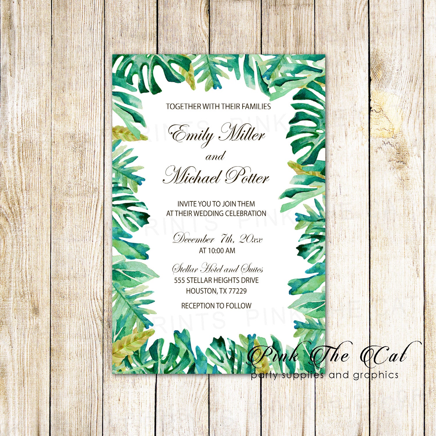 100 Botanical Leaves Border Wedding Invitation Cards Personalized