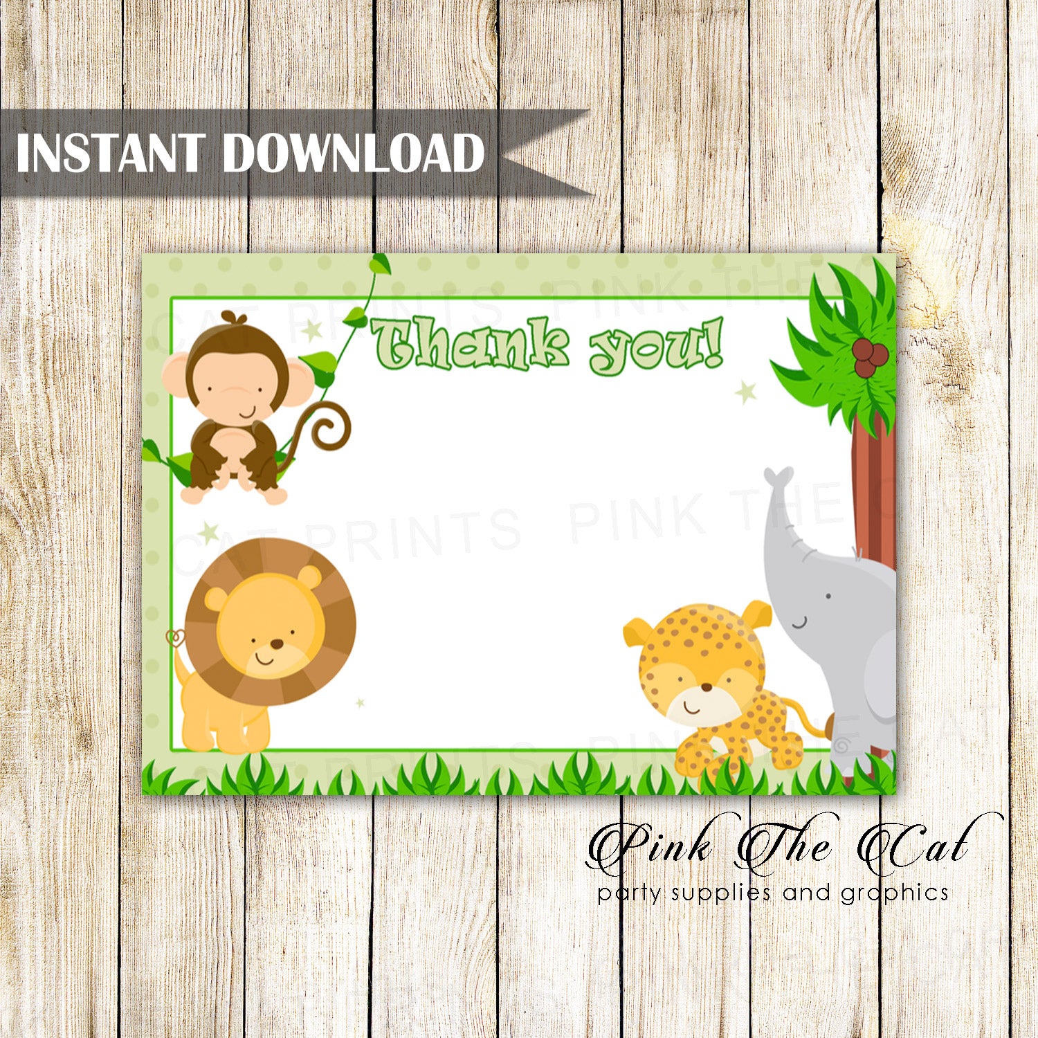 Jungle Thank You Card Blank Green Birthday Baby Shower Printable