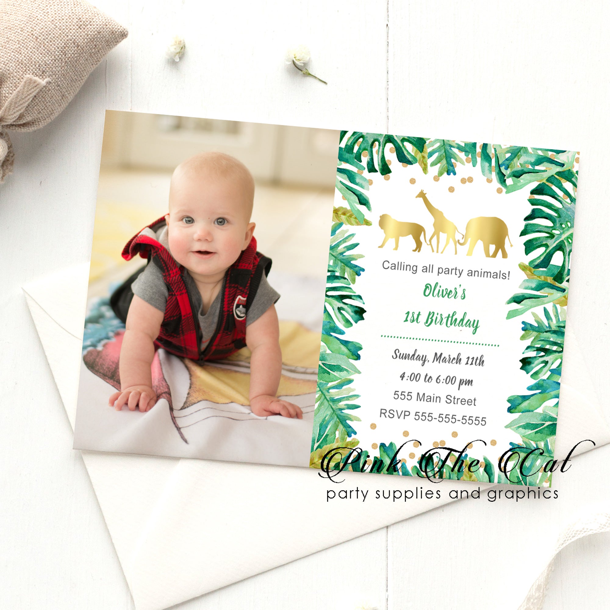 Jungle invitations boy birthday party with photo printable