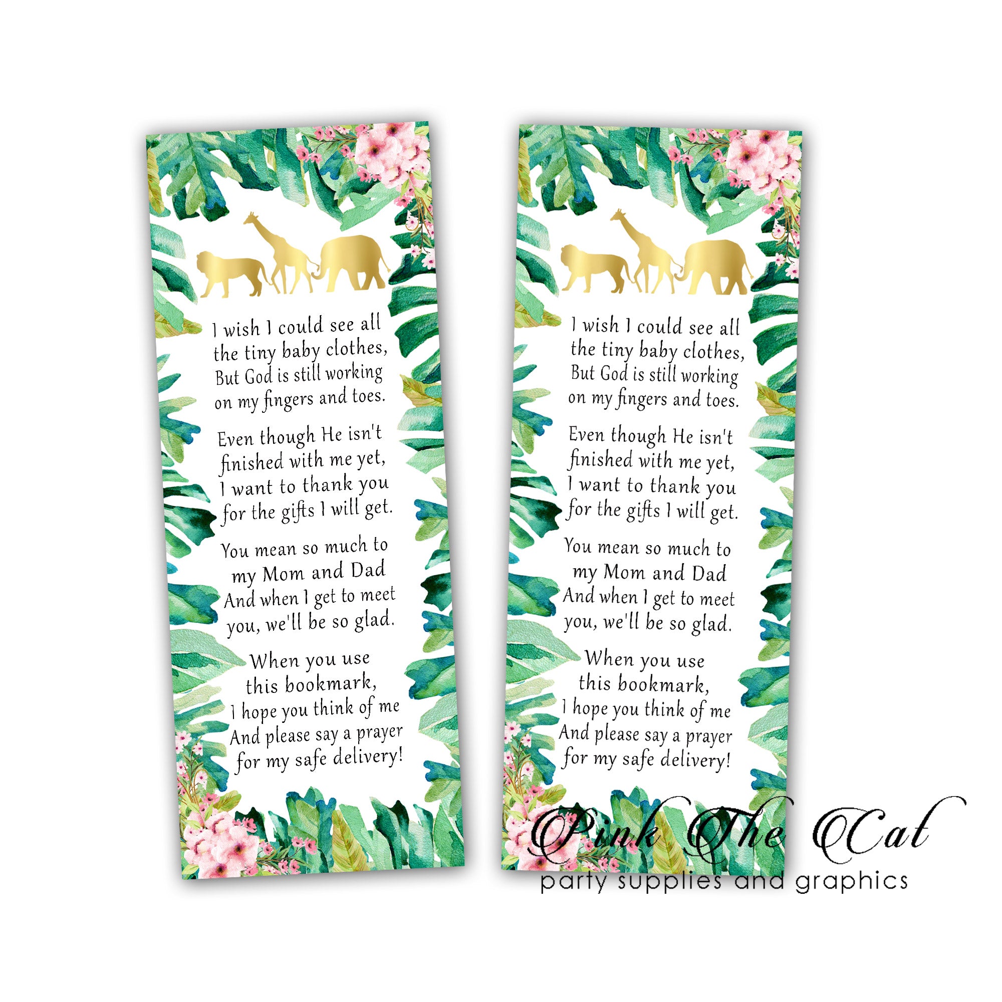 Jungle floral bookmarks printable baby girl shower favors
