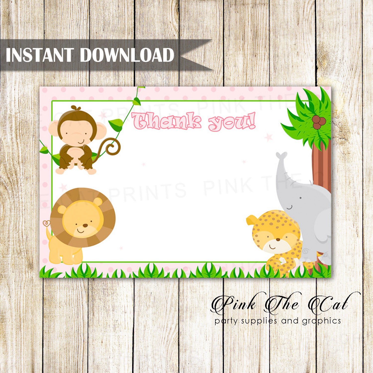 Jungle Thank You Card Pink Birthday Baby Shower Printable