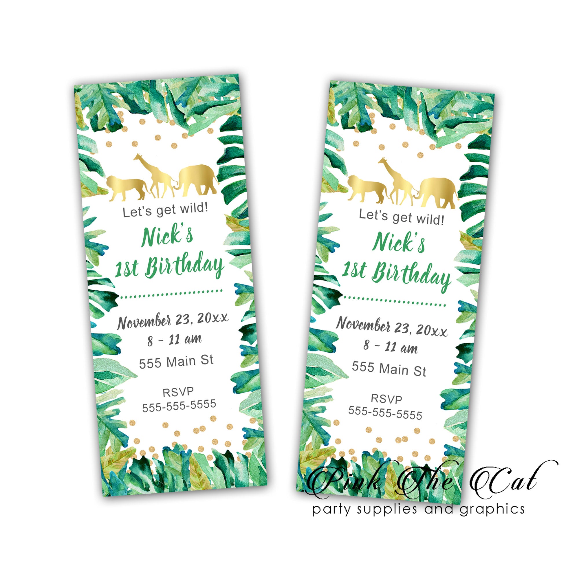 Jungle safari invitations gold green printable