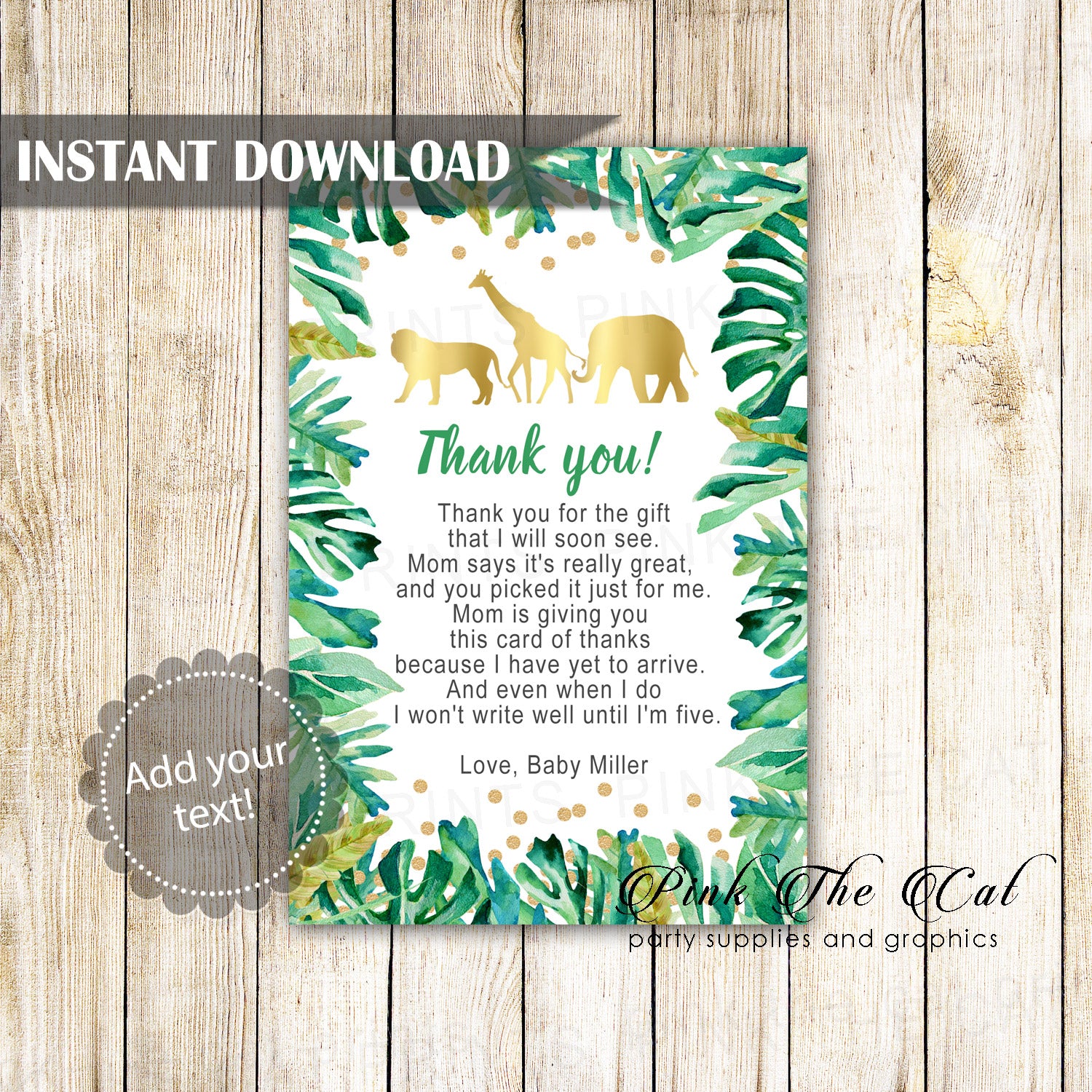 Jungle Thank You Card Green Gold Unisex Baby Shower Printable