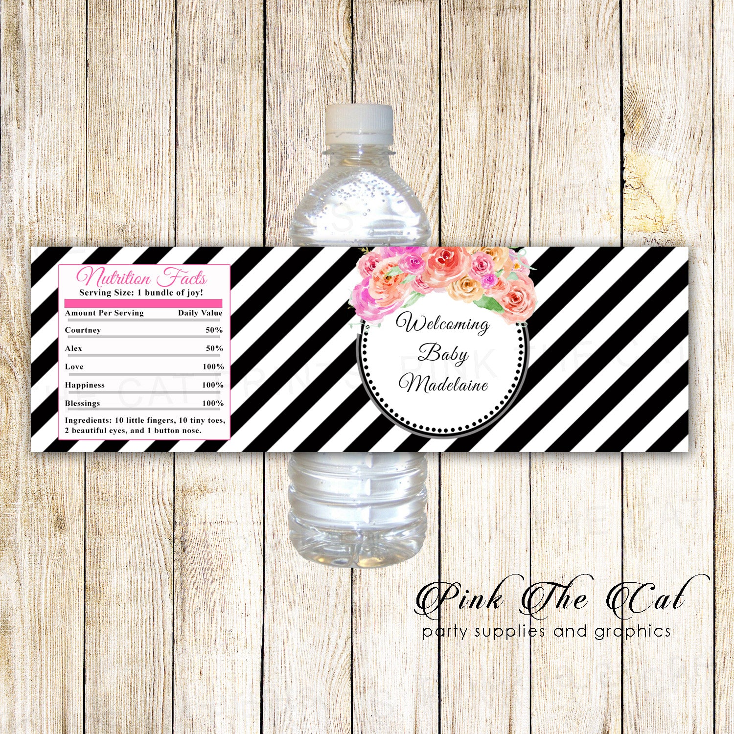 Floral white black bottle label baby shower birthday printable