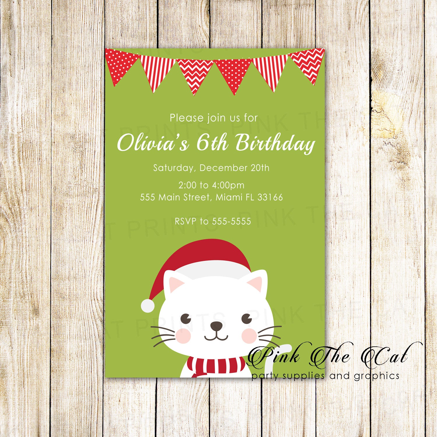 30 Holiday kids birthday invitations kitten green red