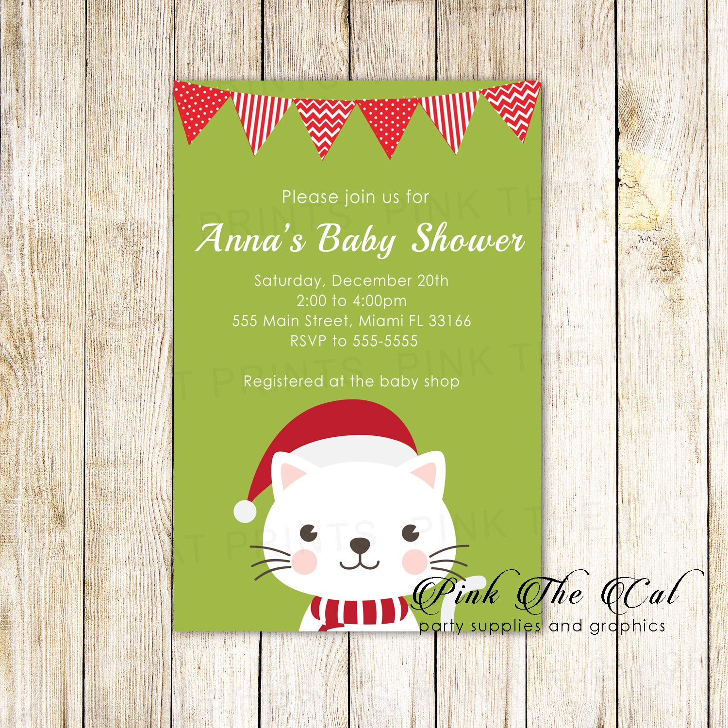 Holiday baby shower invitations kitten green red printable
