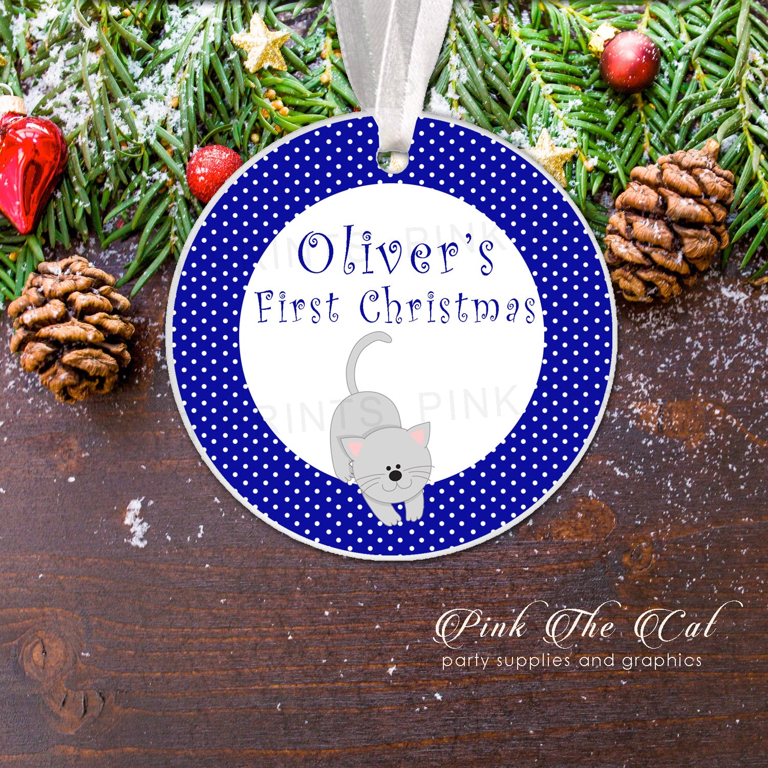Personalized Christmas tree ornament boy kitten blue