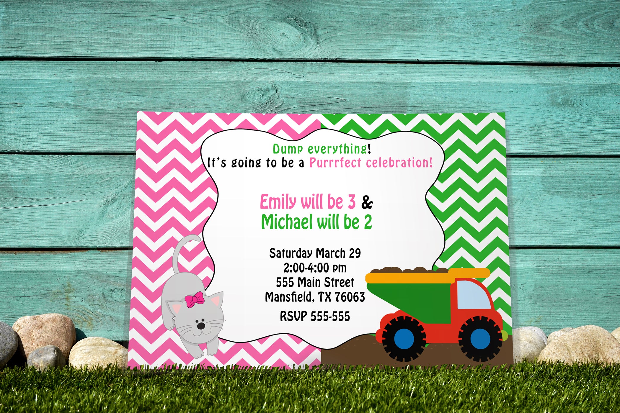 30 invitations kitten dumptruck kids birthday twins siblings