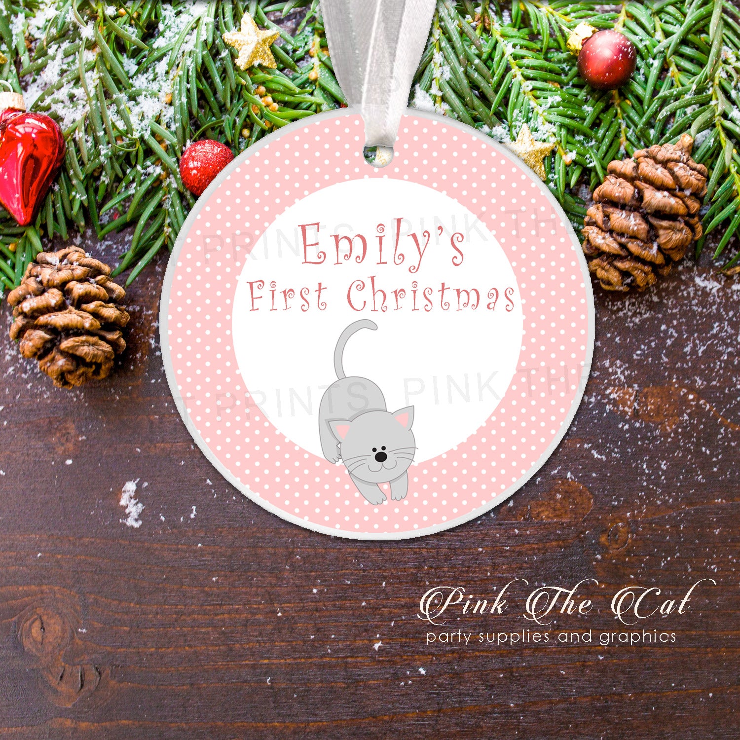 Personalized Christmas tree ornament girl kitten pink