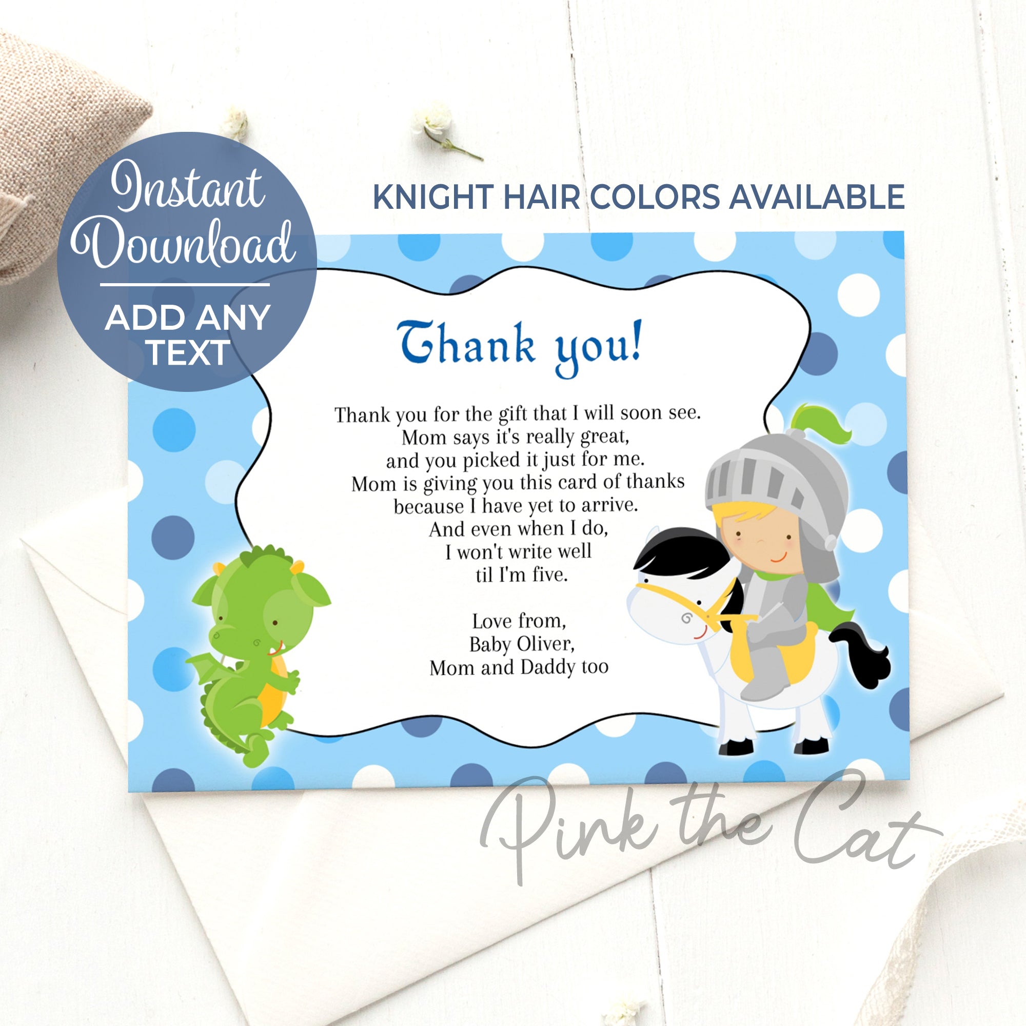 Knight dragon thank you card birthday or baby shower