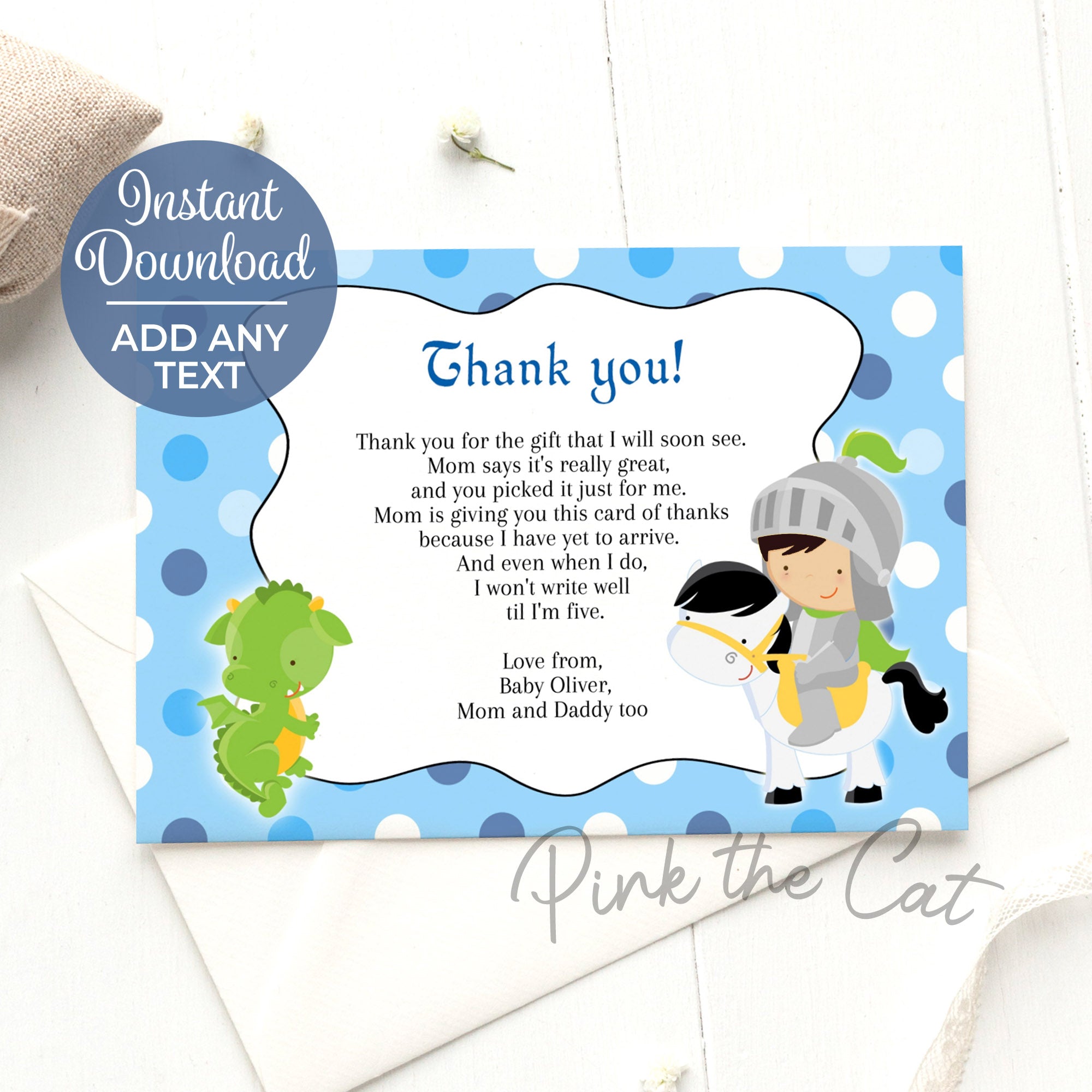 Knight dragon thank you card birthday or baby shower