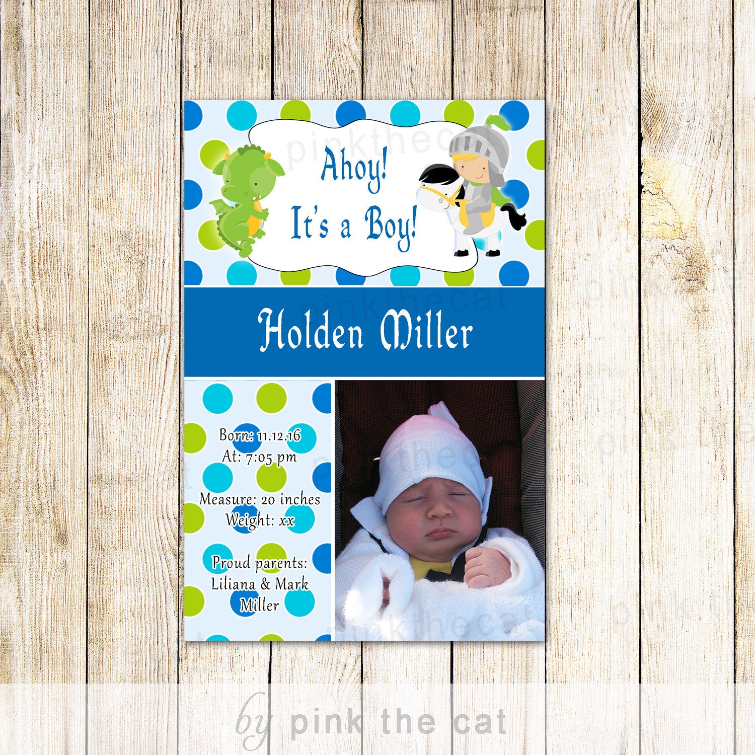 Photo Cards Baby Boy Birth Announcement Knight Dragon