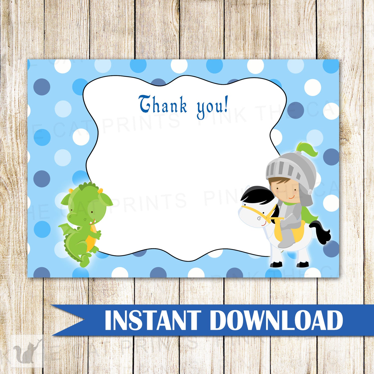 Knight Dragon Blank Thank You Card Note Blue