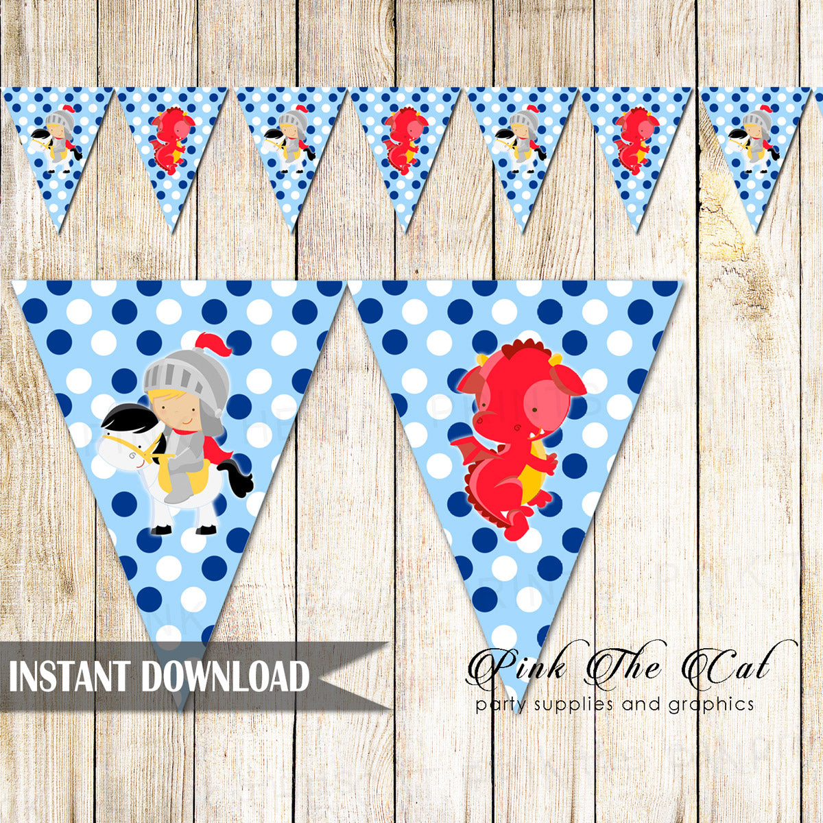 Knight Dragon Birthday Baby Shower Banner Red Blue Printable