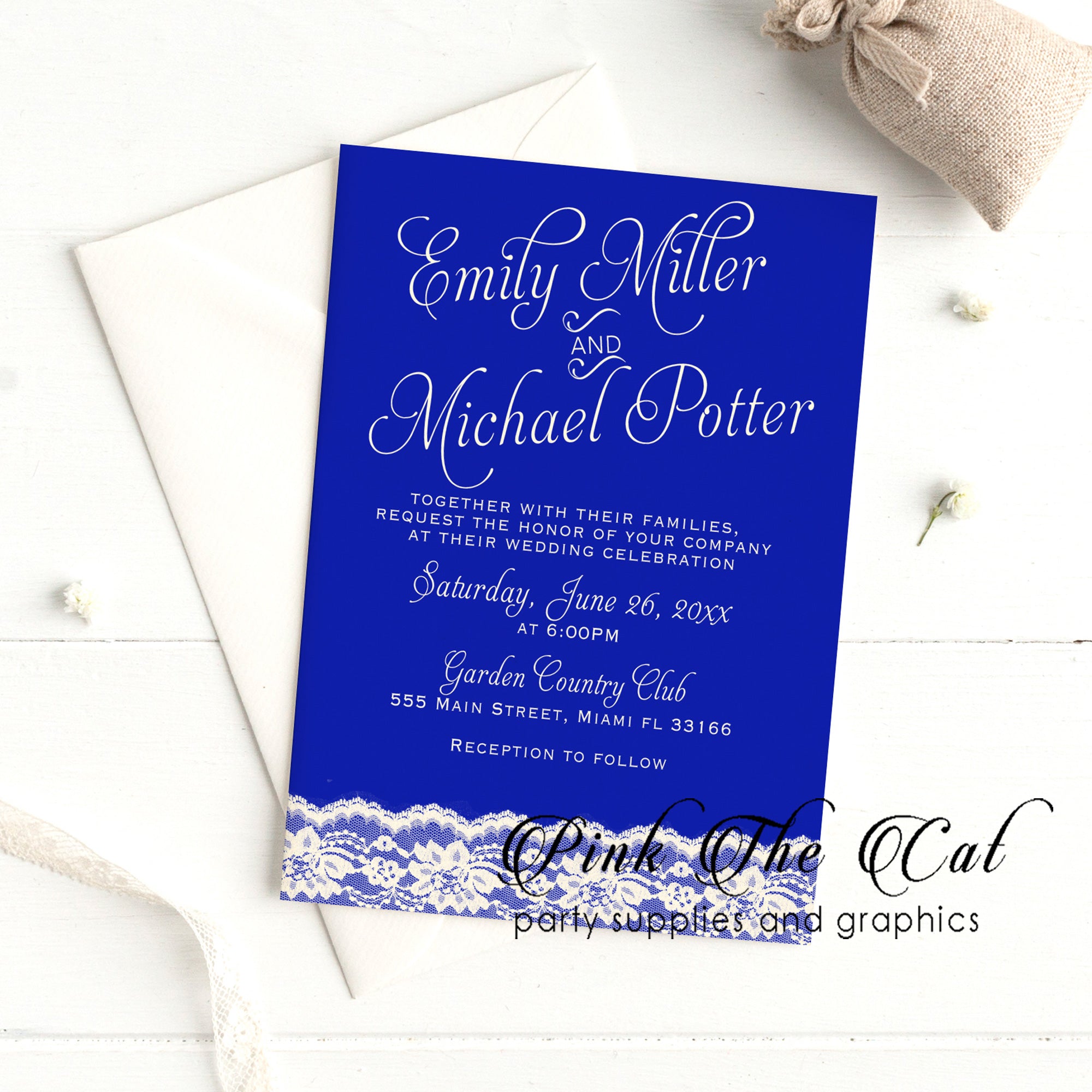 100 invitations royal blue lace wedding personalized with envelopes