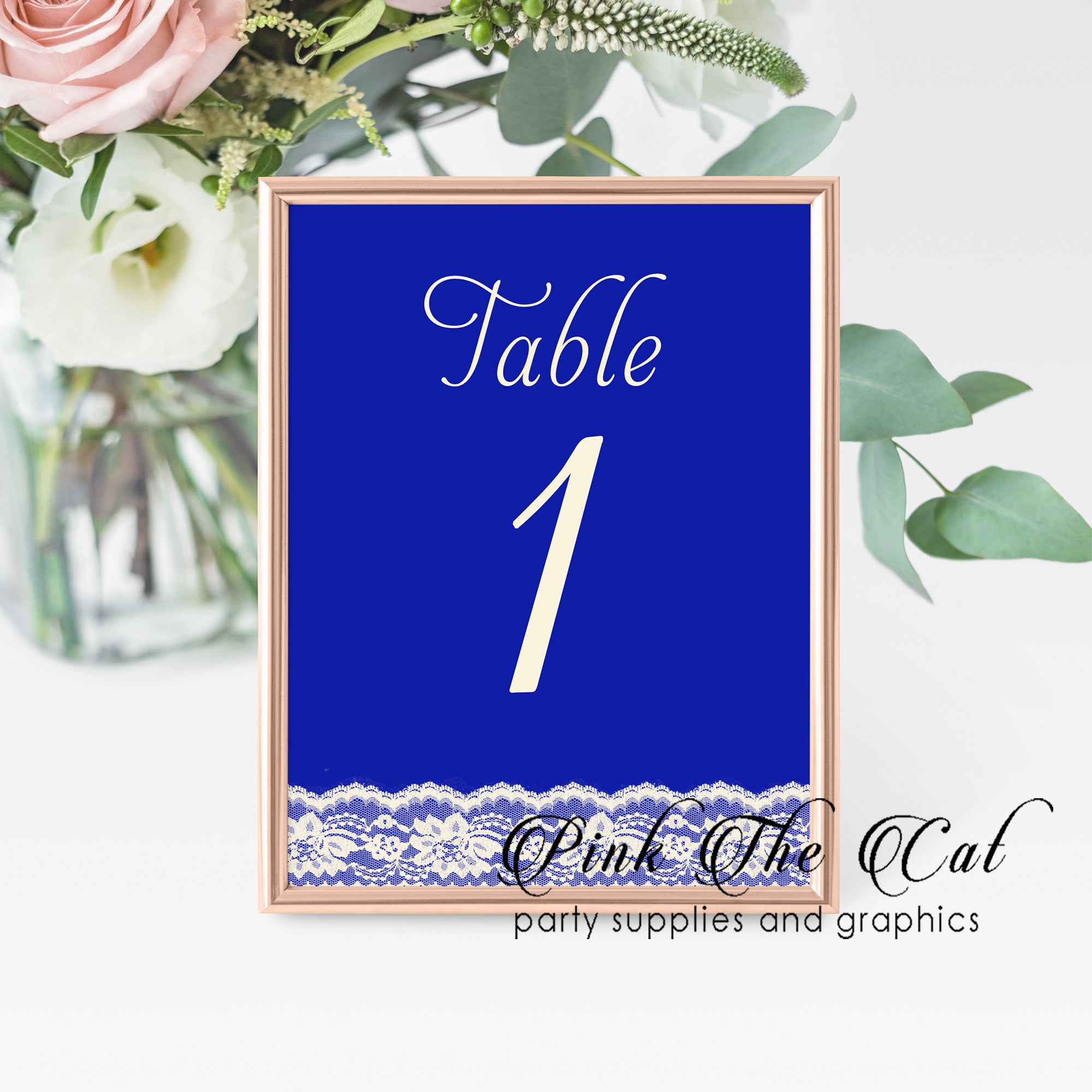 12 Table number cards royal blue lace