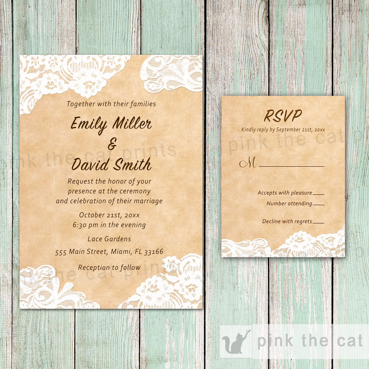 Lace Rustic Wedding Invitation & RSVP Card 2