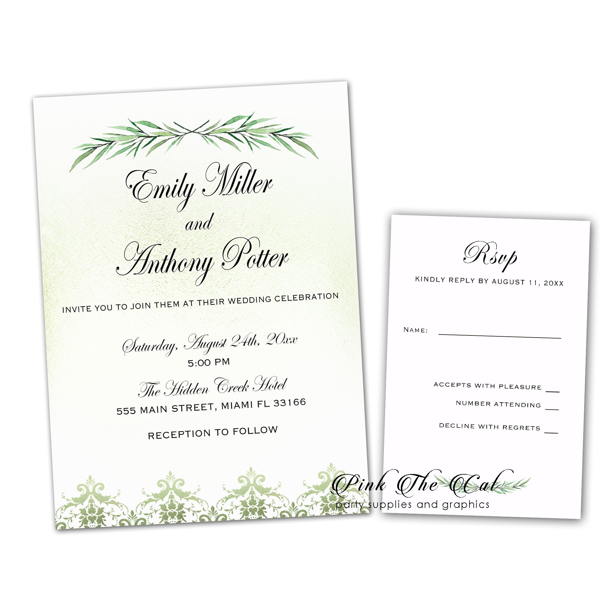 100 Wedding Invitations Greenery Watercolor Olive Brunch & RSVPs