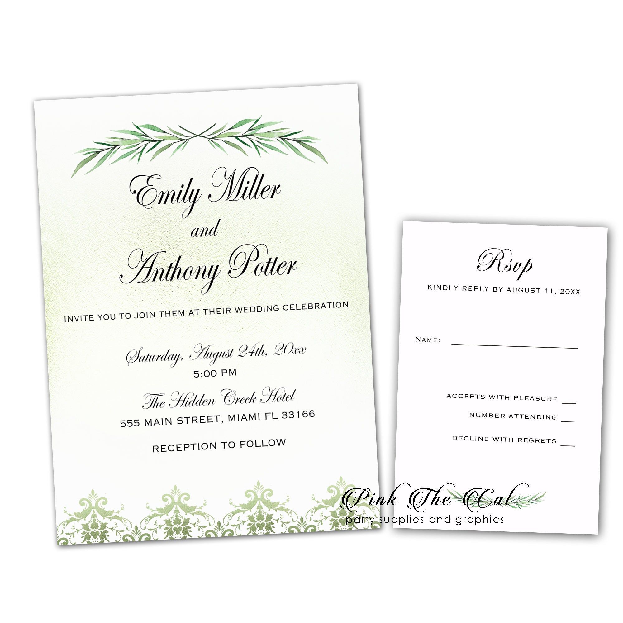 100 Wedding Invitations Greenery Watercolor Olive Brunch & RSVPs