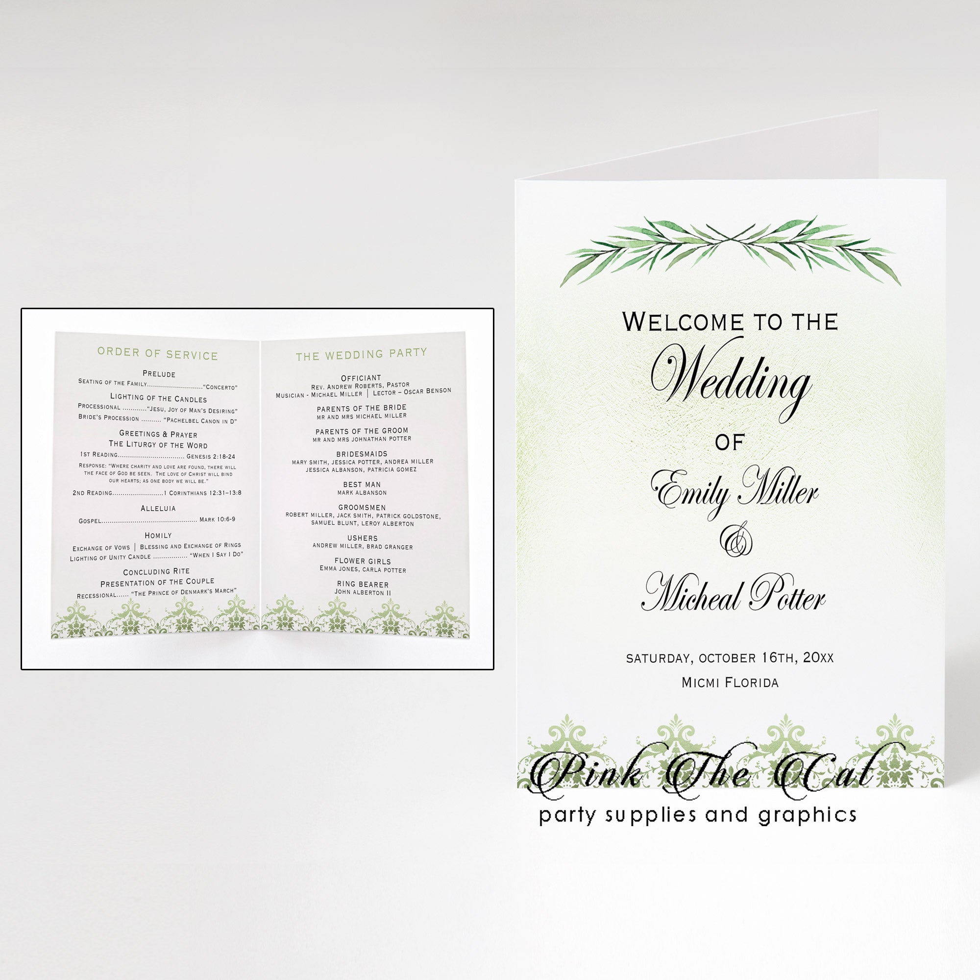 Wedding programs greenery olive eucaliptus folded printable