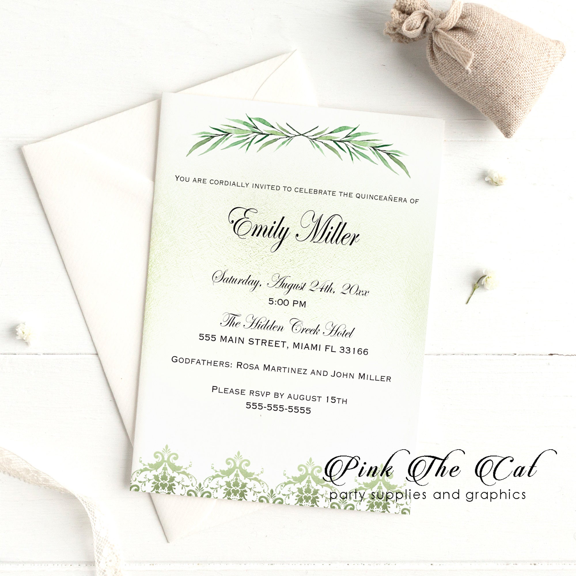 100 Greenery quinceañera invitations personalized with envelopes