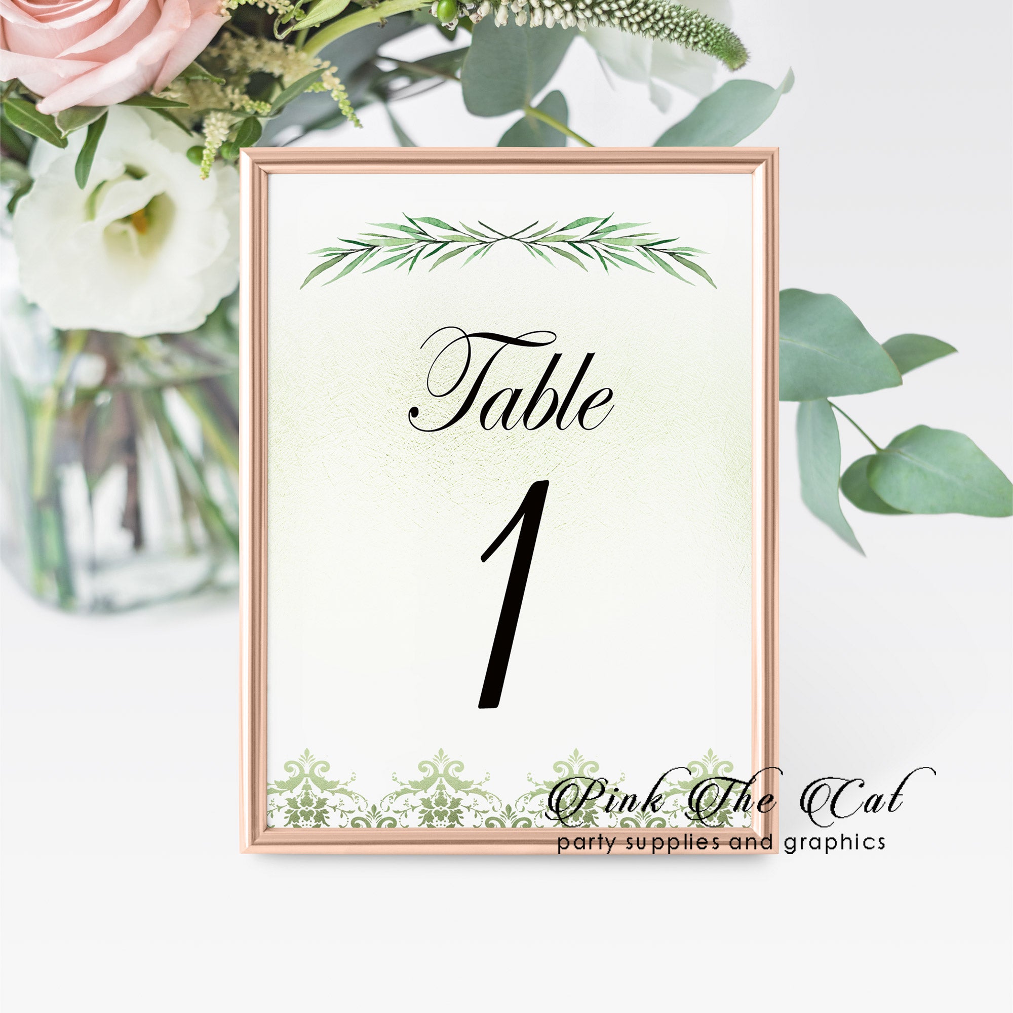 12 Table number cards greenery branch