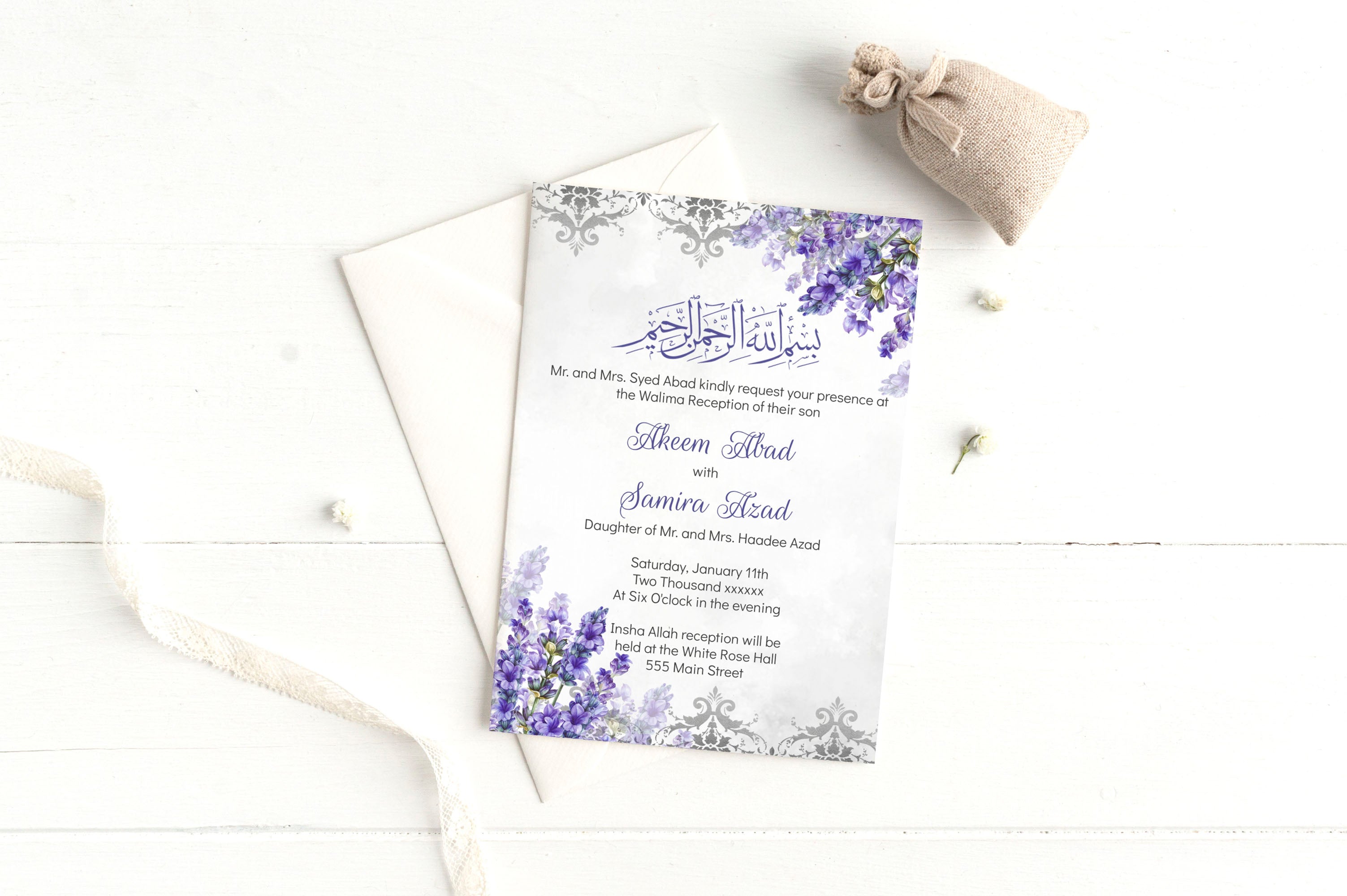 Lavender silver walima nikah wedding invitations