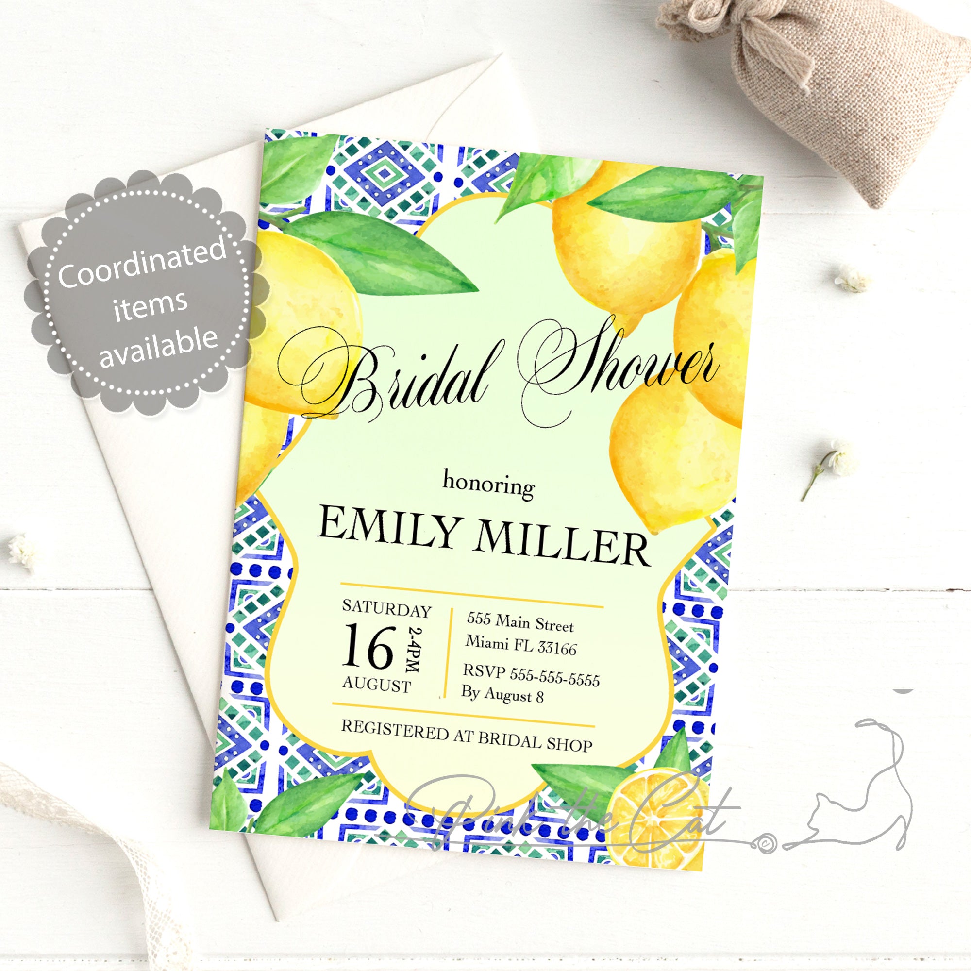 Lemon citrus watercolor invitation bridal shower italian wedding