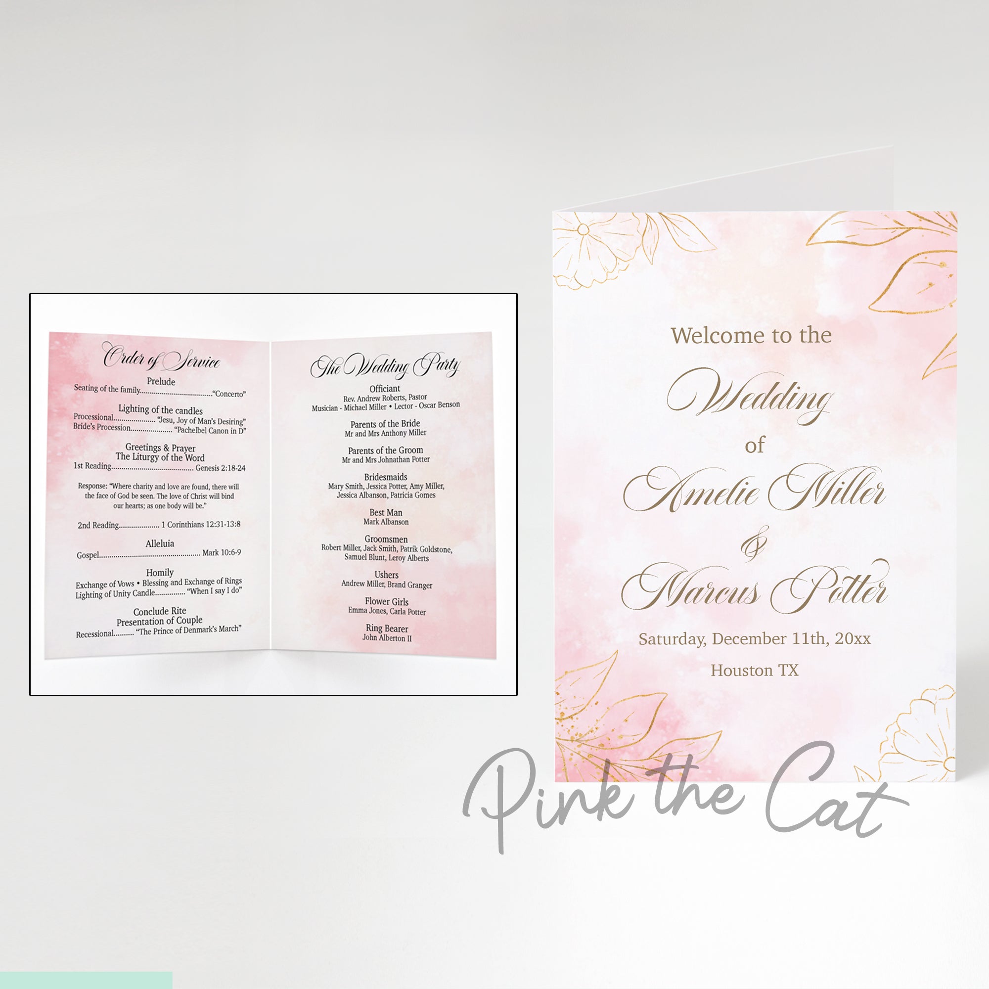 Wedding program blush pink gold