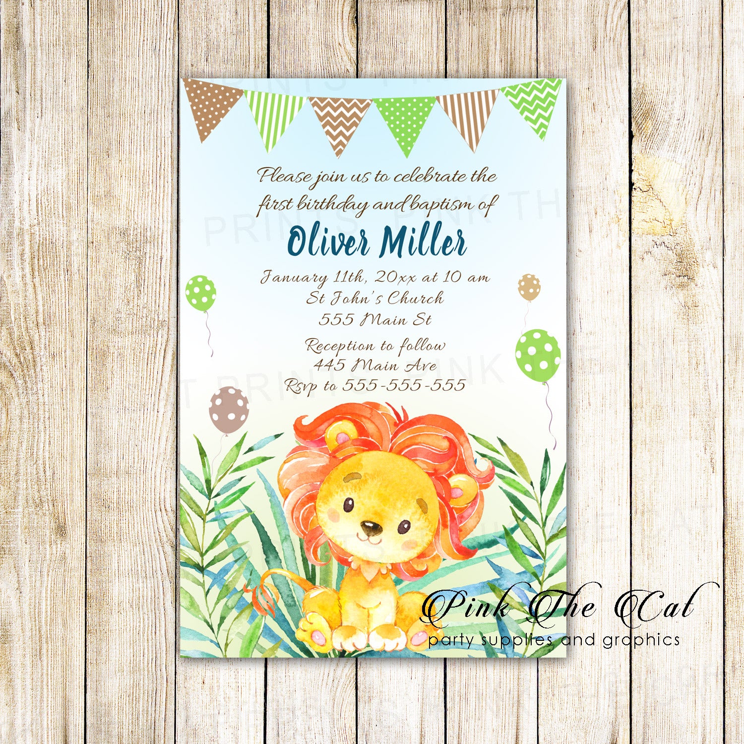 30 invitations birthday and baptism lion watercolor